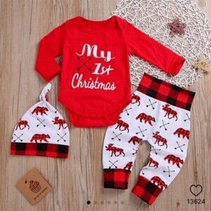 Baby 3pcs Christmas Letter and Animals Print Red Long-sleeve Set​​ AB